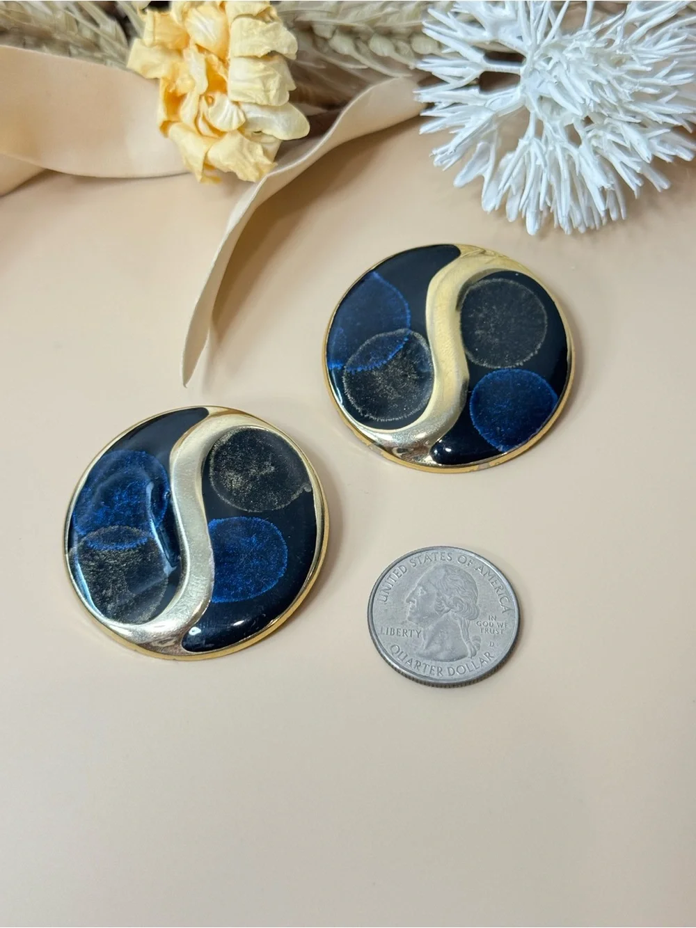 Vintage Oversized Round Blue Black Gold Tone Abstract Statement Earrings